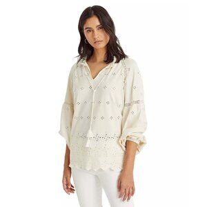 Ralph Lauren Womens Eyelet Peasant Blouse Medium Cotton Top Ivory